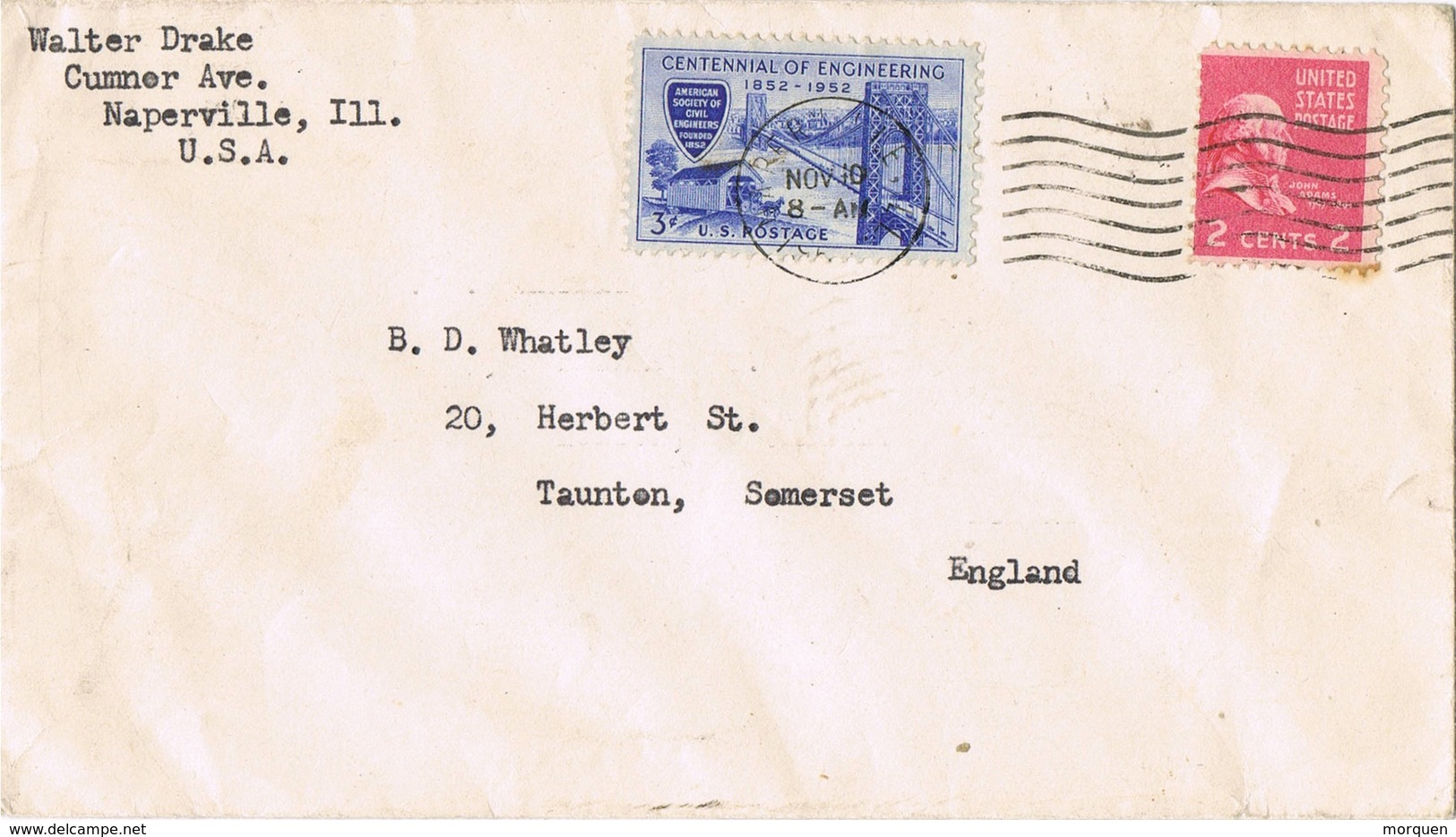 33356. Carta Aerea NAPERVILLE (Illinois) 1952 To England - Cartas & Documentos