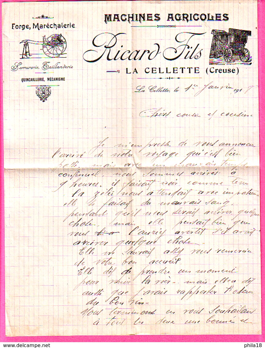 LETTRE A ENTETE RICARD FILS LA CELETTE CREUSE FORGE MARECHALERIE TAILLANDERIE MACHINES AGRICOLES  AU DOS TEXTE EN PATOIS - Agriculture