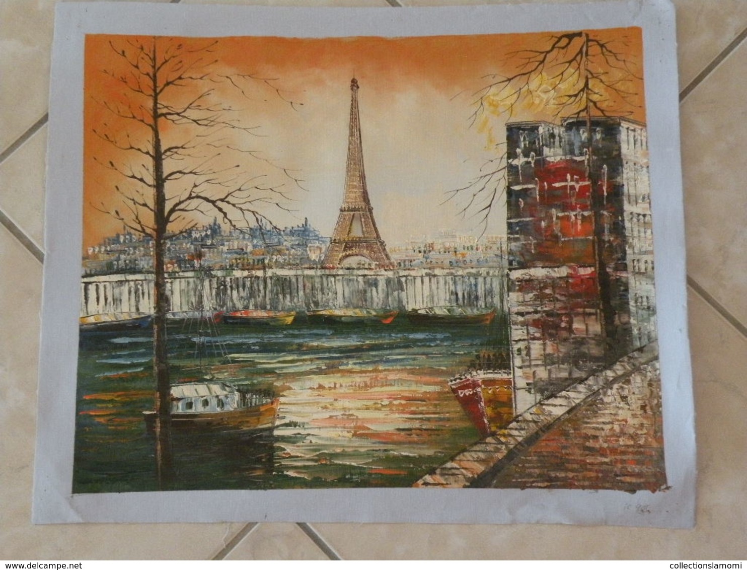 Paris Bords De Seine Ces Barques Et Bateaux, La Tour Effel - Peinture à L'Huile Sur Toile 59cm X 49cm - Huiles