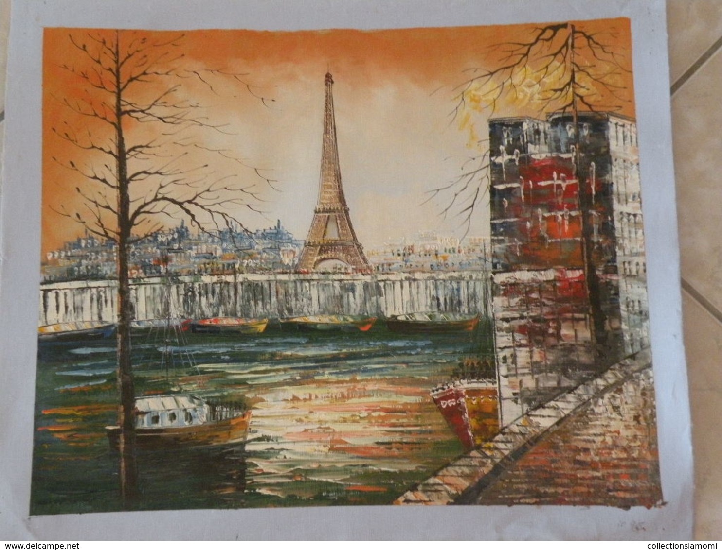 Paris Bords De Seine Ces Barques Et Bateaux, La Tour Effel - Peinture à L'Huile Sur Toile 59cm X 49cm - Huiles