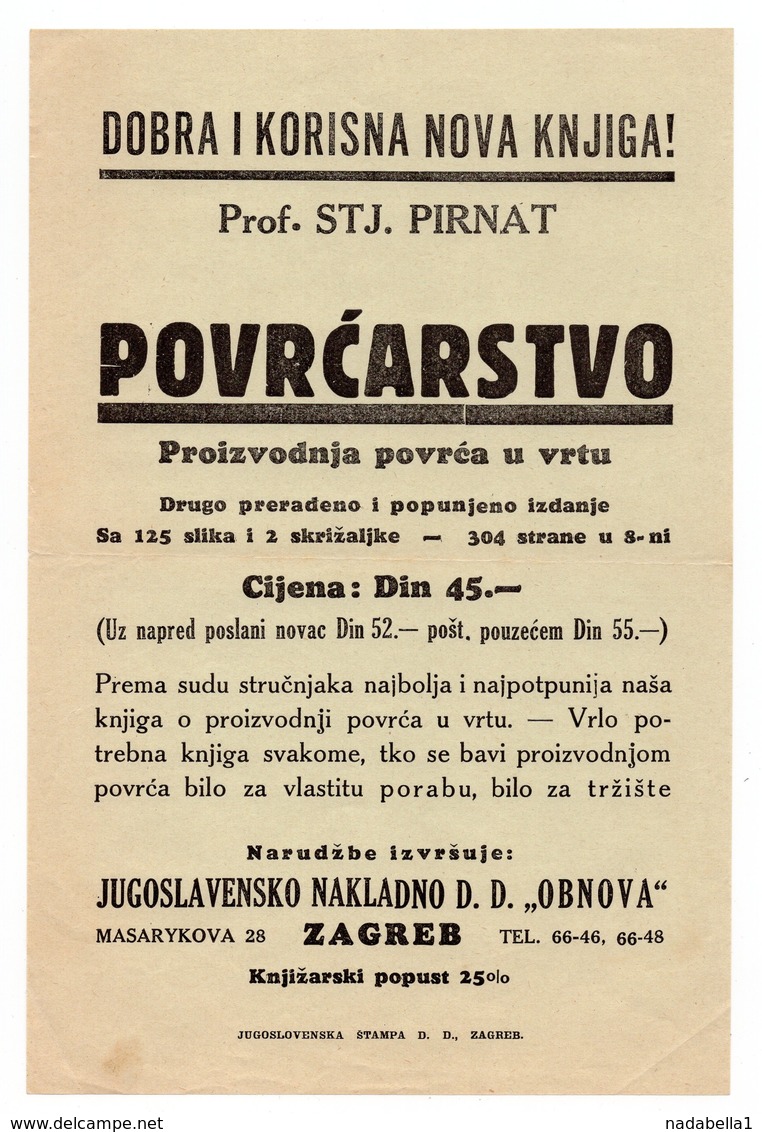 1940s YUGOSLAVIA, CROATIA, HOW TO GROW YOUR OWN VEGETABLES, ADVERTISING LEAFLET, PROF STJ. PIRNAT - Advertising