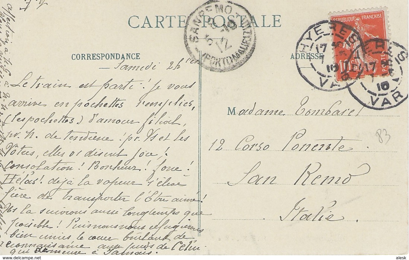 TARIF ÉTRANGER Du 1 Mai 1910 N°135 Oblitéré Hyères 7 Mai 1910 Pour San-Rémo Le 8 Mai 1910 - CP Hyères Rue Des Villas - Tarifs Postaux