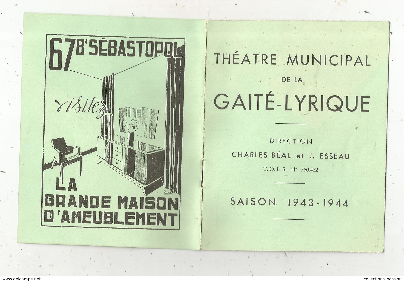 Programme, Théatre Municipal De La GAITE LYRIQUE ,  Saison 1943-1944,  6 Pages,  2 Scans - Programme