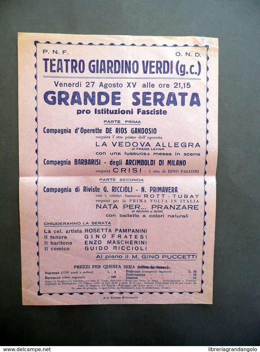 Foglio Volante Teatro Giardino Verdi Serata Pro Istituzioni Fasciste PNF OND - Non Classificati