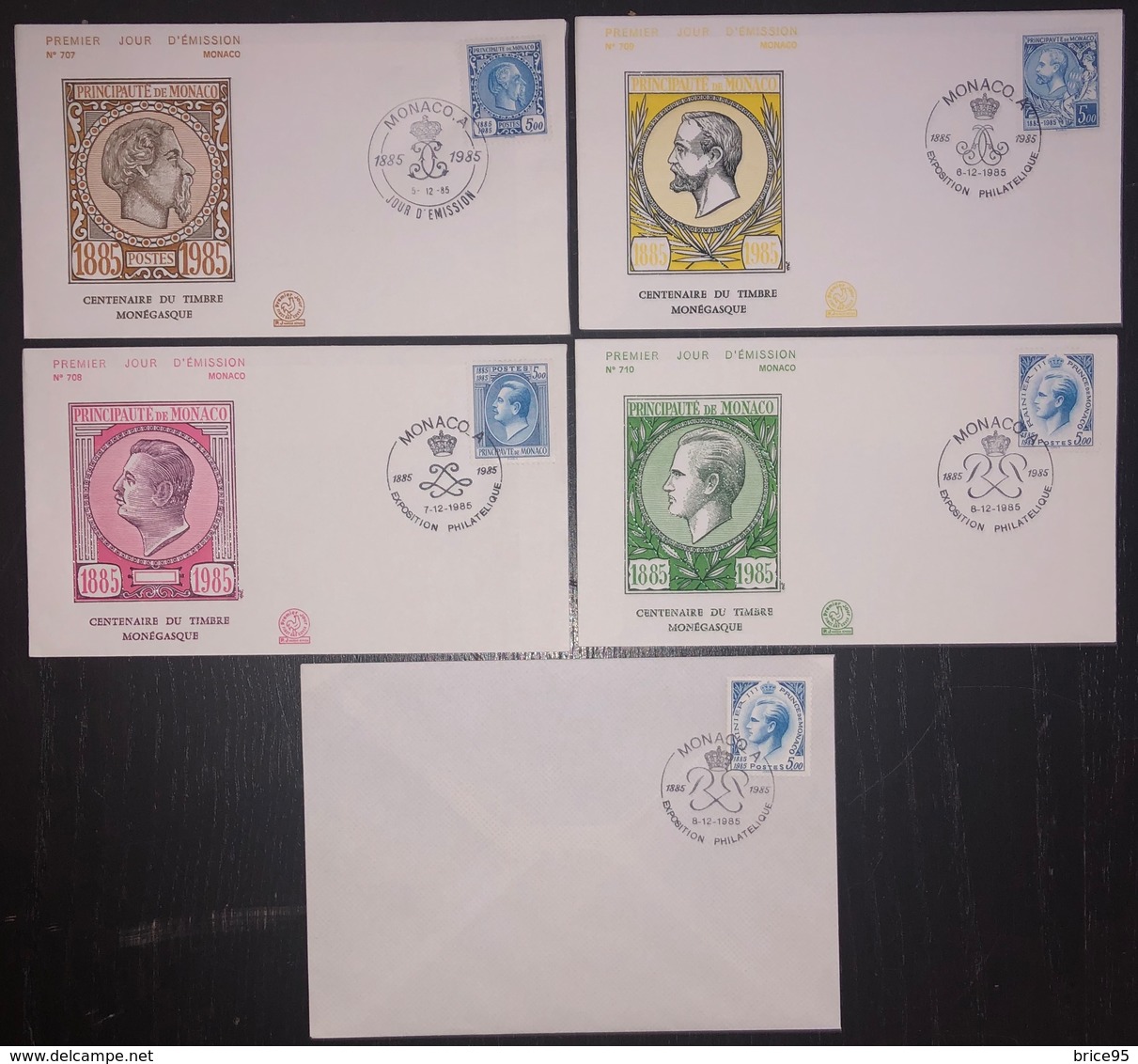 Monaco FDC - Premier Jour - Lot De 5 FDC - Centenaire Du Timbre Monégasque - 1985 - FDC