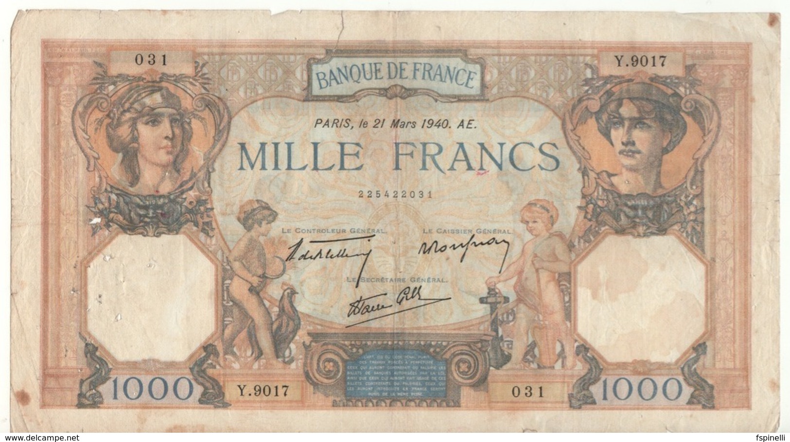 FRANCE  1'000 Francs  P90c   Dated  21.03.1940 - 1 000 F 1927-1940 ''Cérès Et Mercure''