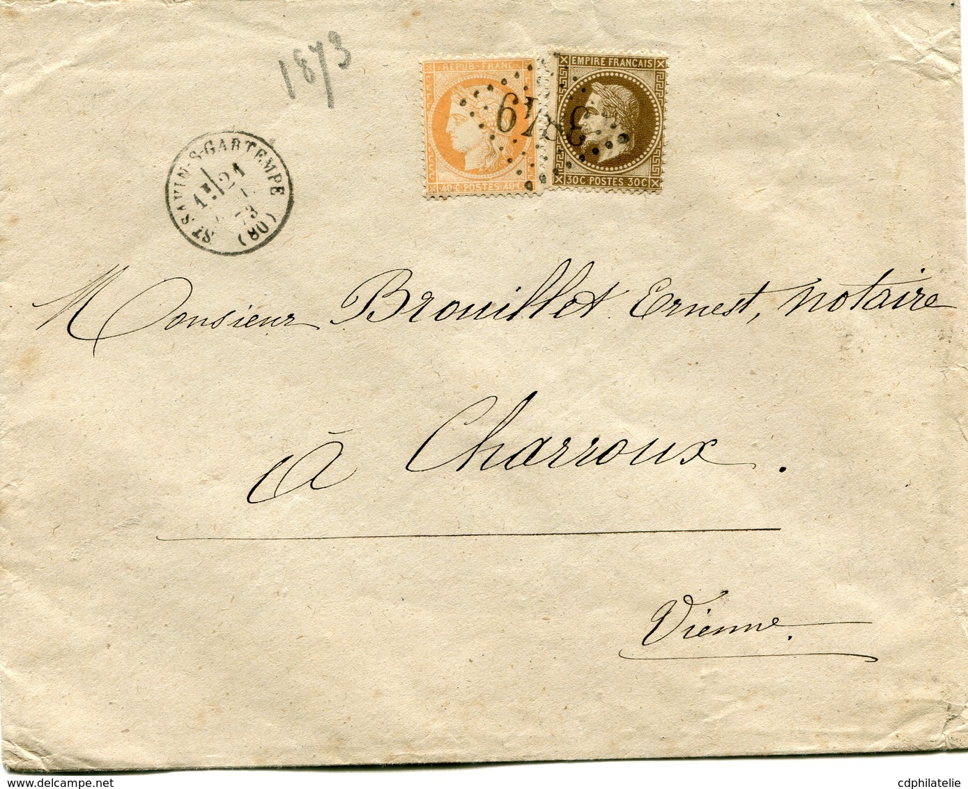 FRANCE LETTRE AFFRANCHIE AVEC UN N°30 + UN N°38 OBL. GC 3849 DEPART ST SAVIN-S-GARTEMPE 21 JANV 73 POUR LA FRANCE - 1849-1876: Classic Period