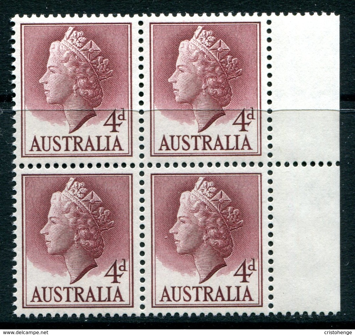 Australia 1955-57 QEII Definitives - 4d Lake Block MNH (SG 282a) - Mint Stamps