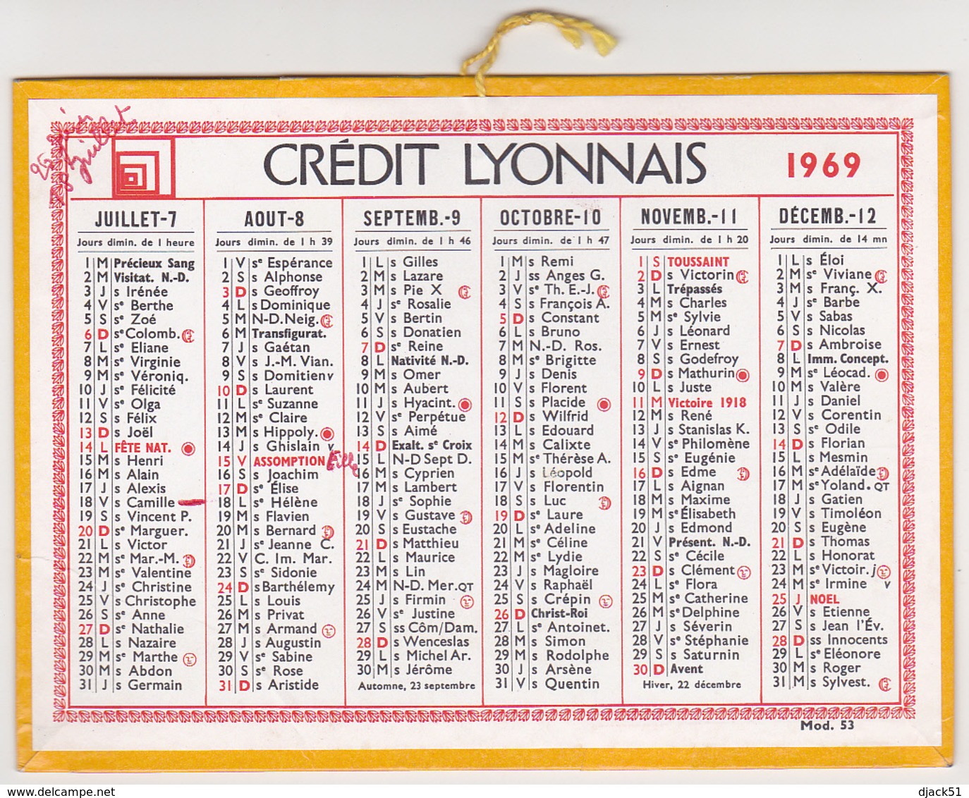 Calendrier Cartonné CREDIT LYONNAIS 1969 - Petit Format : 1961-70
