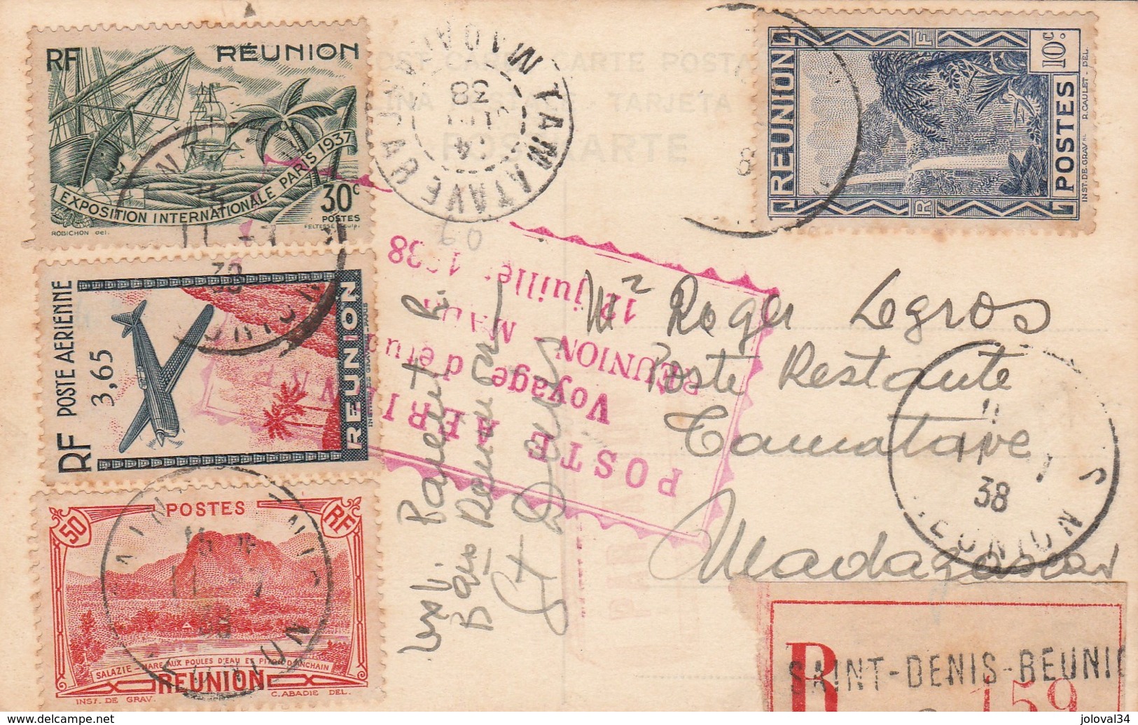 Carte Postale Recommandée St Denis Réunion 11/7/1938 Cachet Poste Aérienne Voyage Etude Pour Madagascar Voir Description - Lettres & Documents