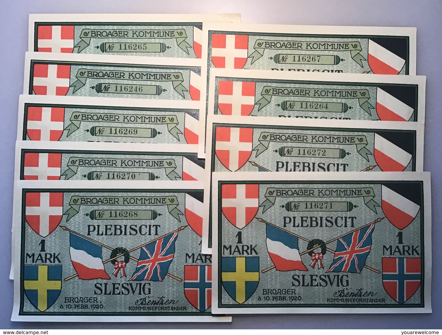 Notgeld BROAGER KOMMUNE PLEBISCIT SLESVIG 1920 1Mark X9(banknote Broacker Denmark Danmark Dänemark Schleswig Deutschland - Denemarken