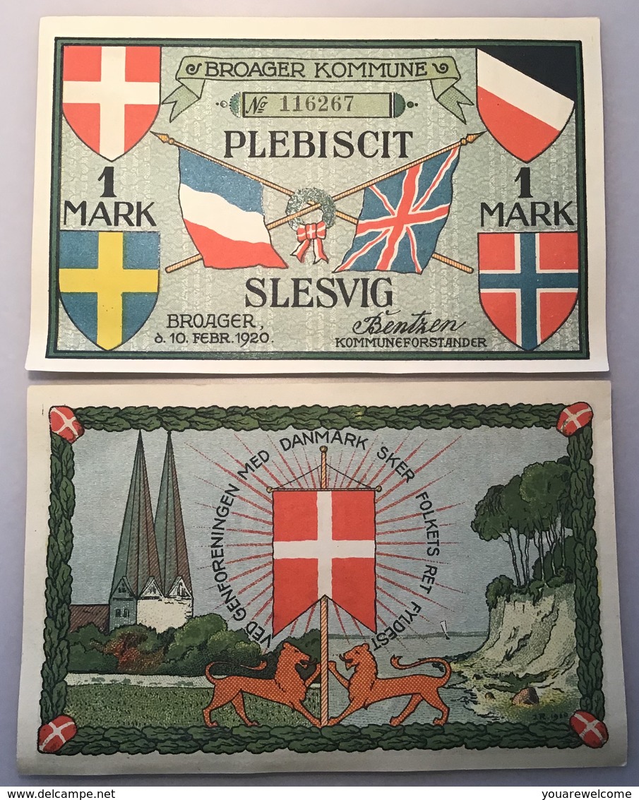 Notgeld BROAGER KOMMUNE PLEBISCIT SLESVIG 1920 1Mark X9(banknote Broacker Denmark Danmark Dänemark Schleswig Deutschland - Danemark