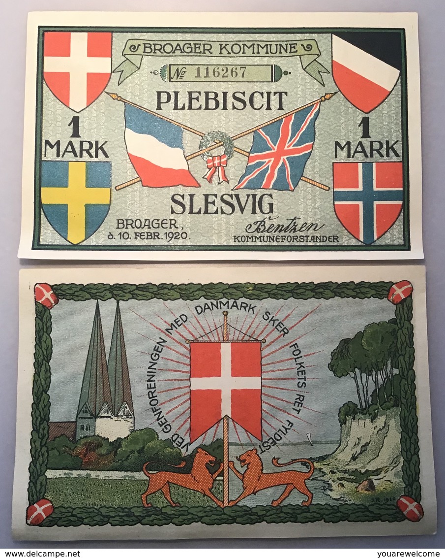 Notgeld BROAGER KOMMUNE PLEBISCIT SLESVIG 1920 1Mark X9(banknote Broacker Denmark Danmark Dänemark Schleswig Deutschland - Dänemark