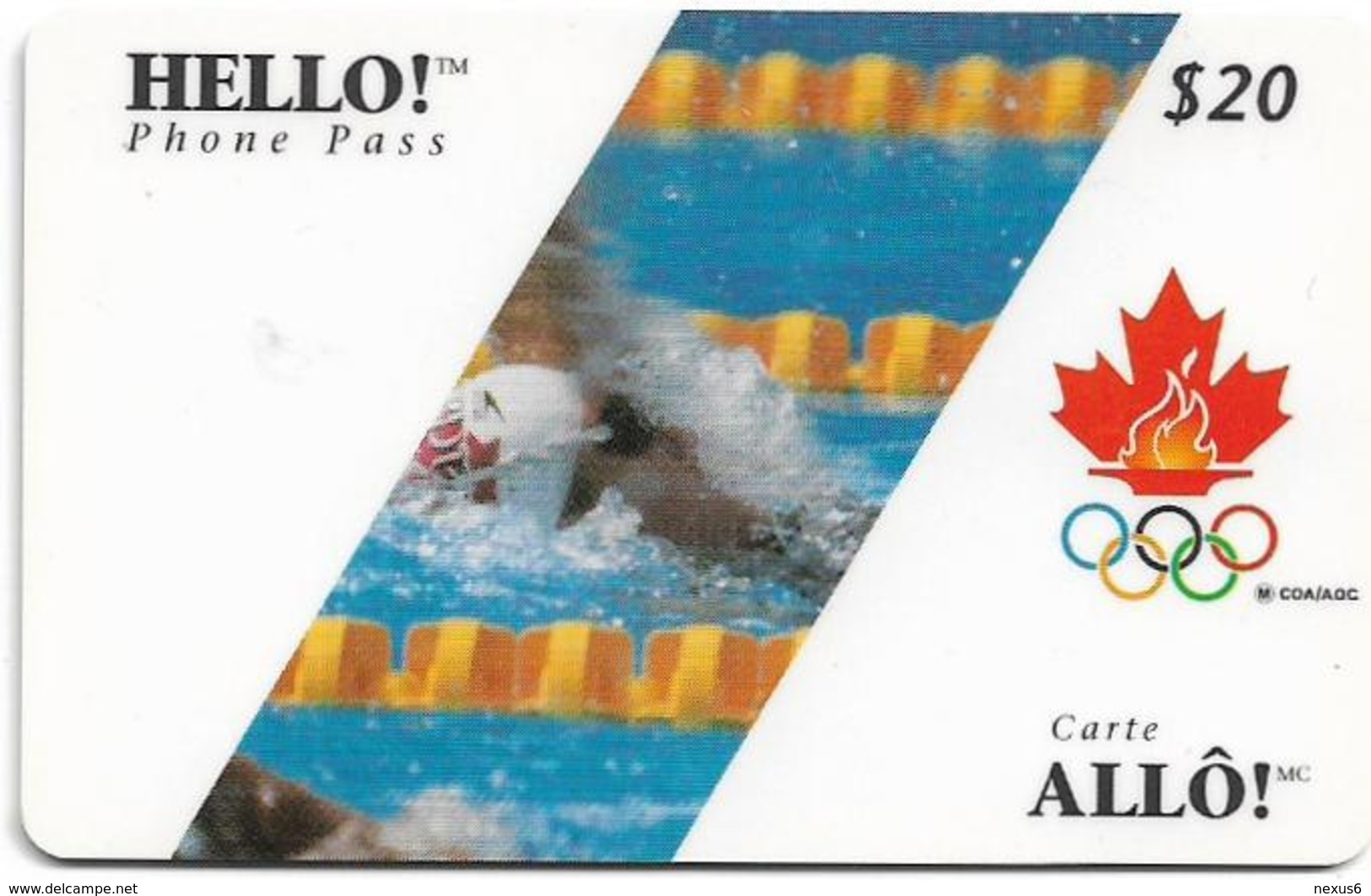 Canada - Hello! - Olympic Games, Swimming, Remote Mem. 20$, 02.1996, Used - Canada