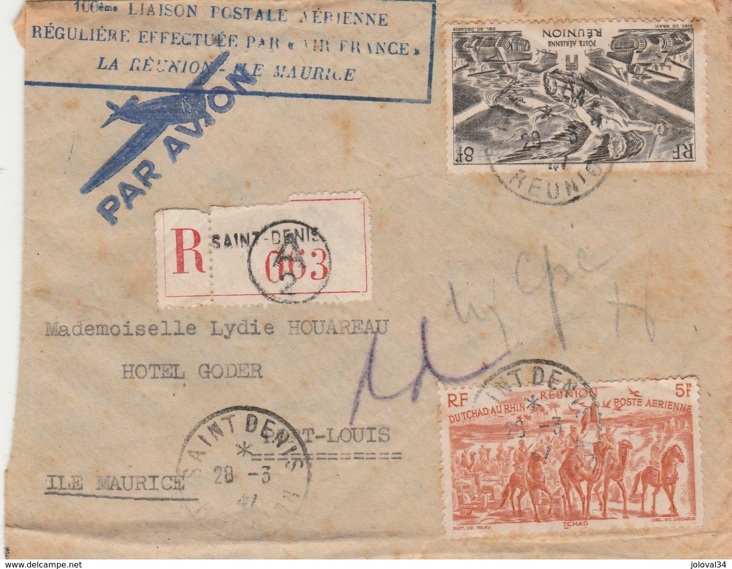 Lettre Avion Recommandée 063 St Denis Réunion 28/3/1947 Cachet Poste Aérienne Pour Ile Maurice Voir Description - Lettres & Documents