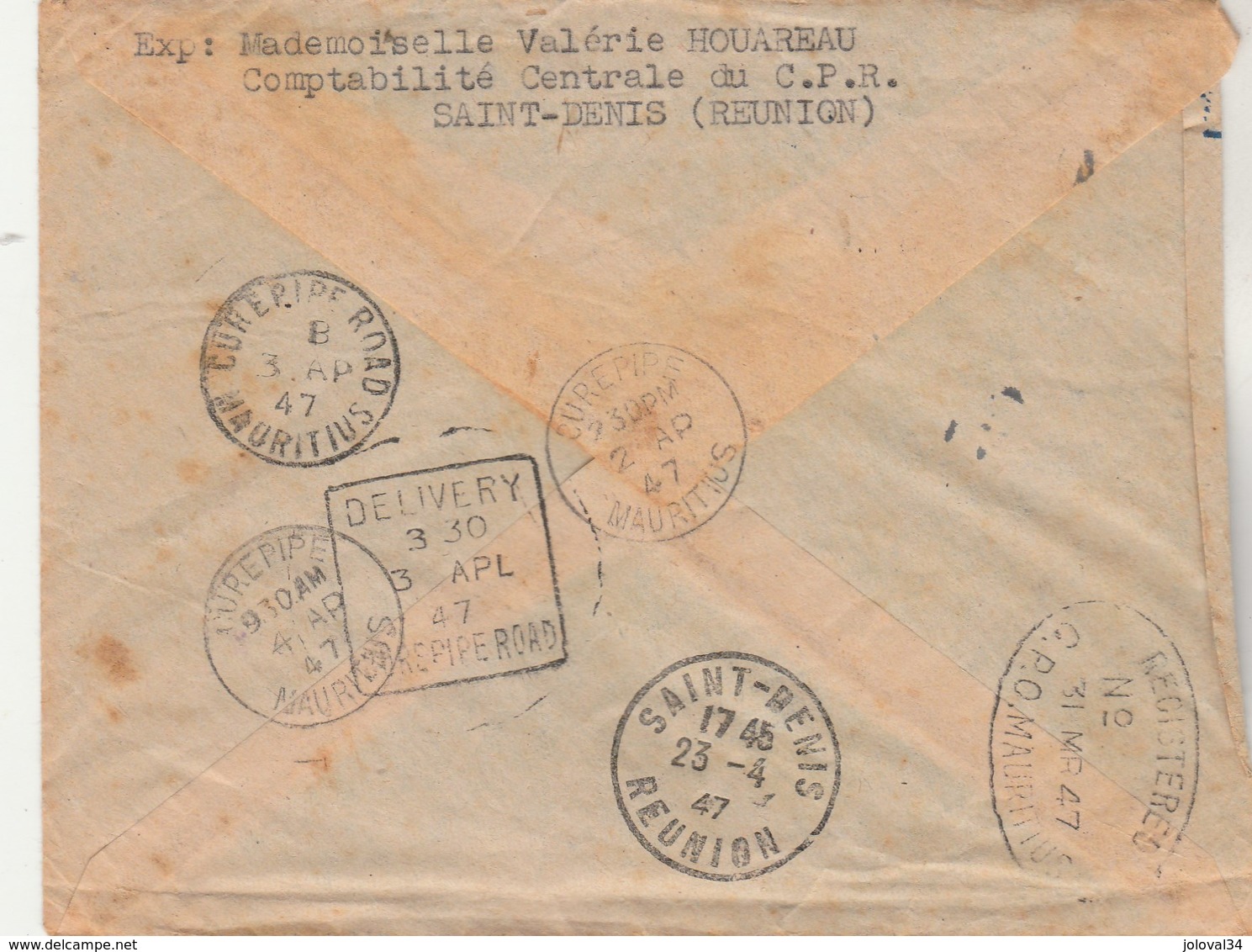 Lettre Avion Recommandée 063 St Denis Réunion 28/3/1947 Cachet Poste Aérienne Pour Ile Maurice Voir Description - Briefe U. Dokumente