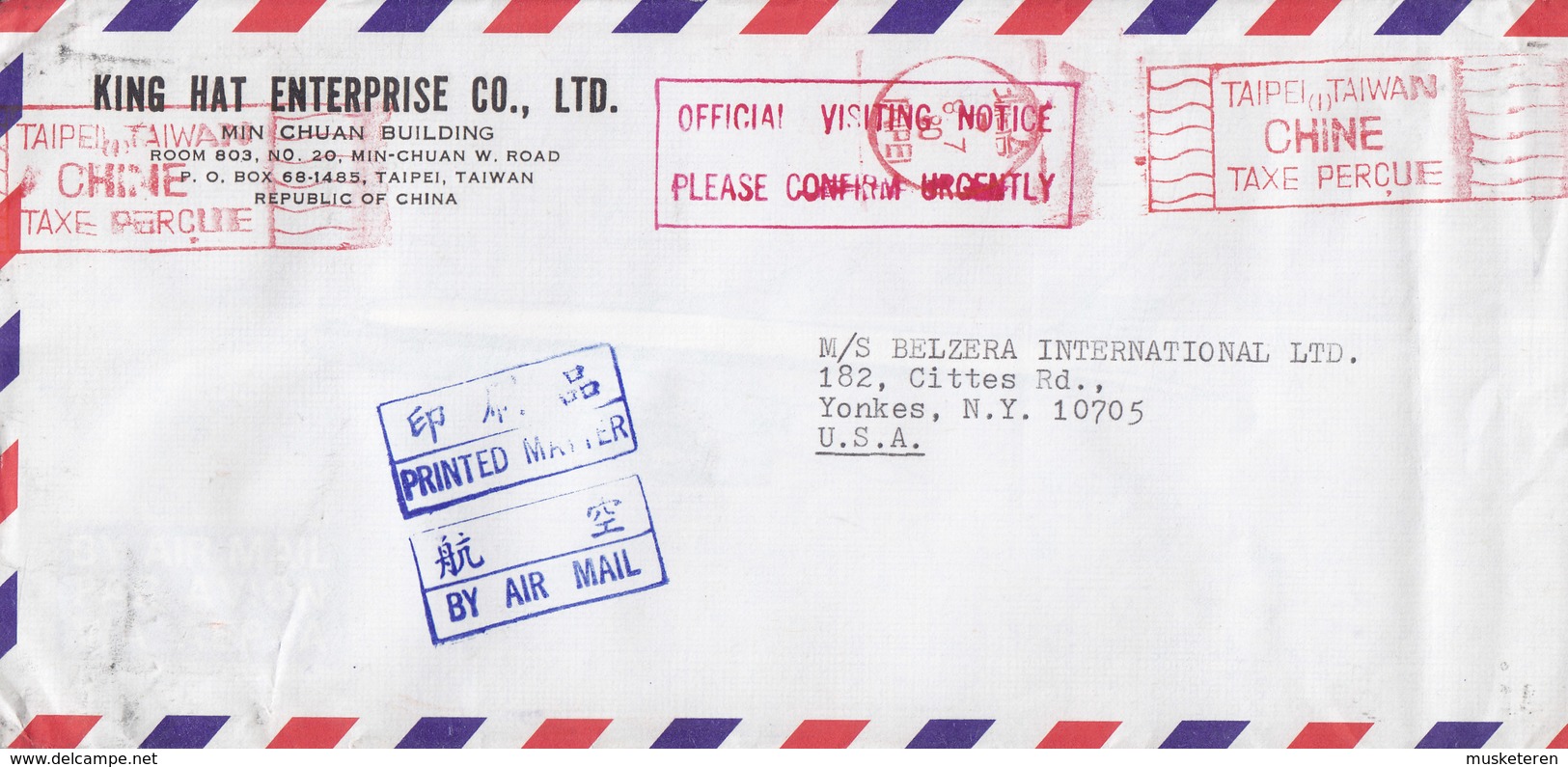 Taiwan Air Mail Printed Matter KING HAT ENTERPRISE Co., TAXE PERCUE, TAIPEI 1980 Meter Cover Brief YONKERS United States - Briefe U. Dokumente