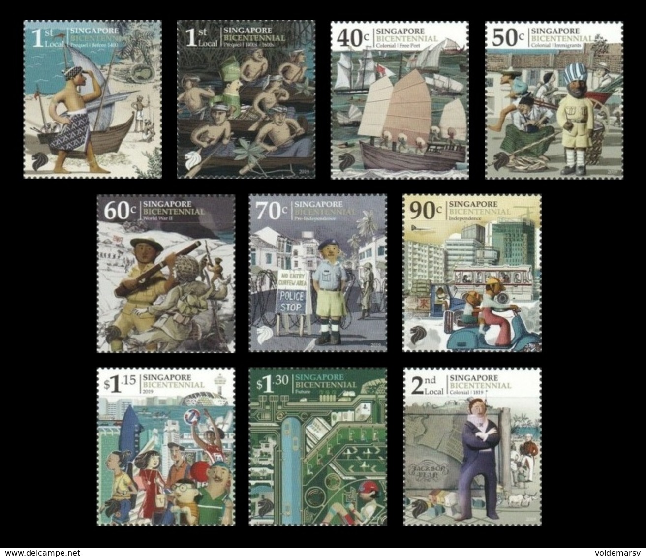 Singapore 2019 Mih. 2616/25 Singapore Bicentennial. Ships. Boats. War. Police. Transport. Sport MNH ** - Singapore (1959-...)