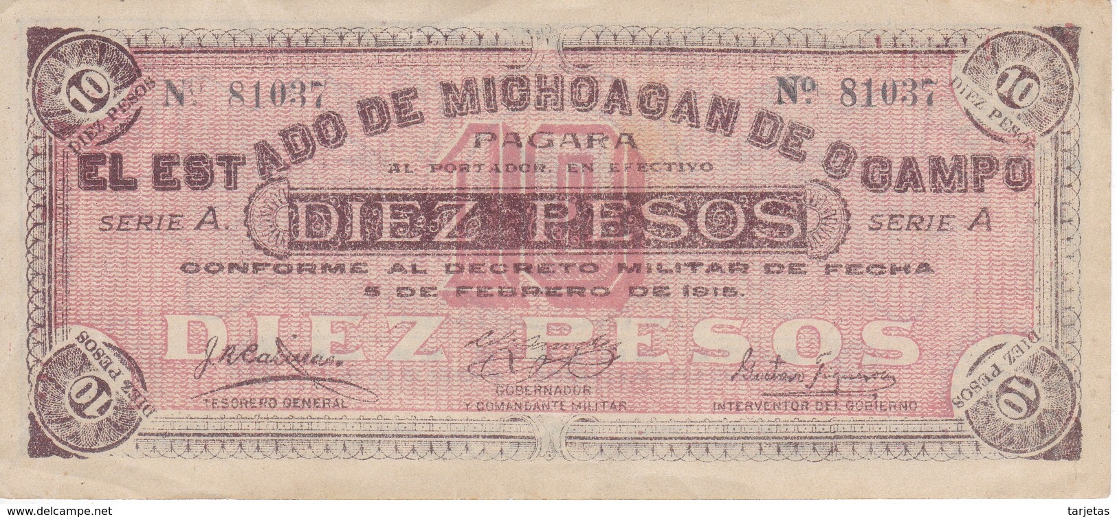 BILLETE DE MEXICO DE 10 PESOS DEL AÑO 1915 ESTADO DE MICHOACAN DE OCAMPO  (BANKNOTE)  RARO - Mexico