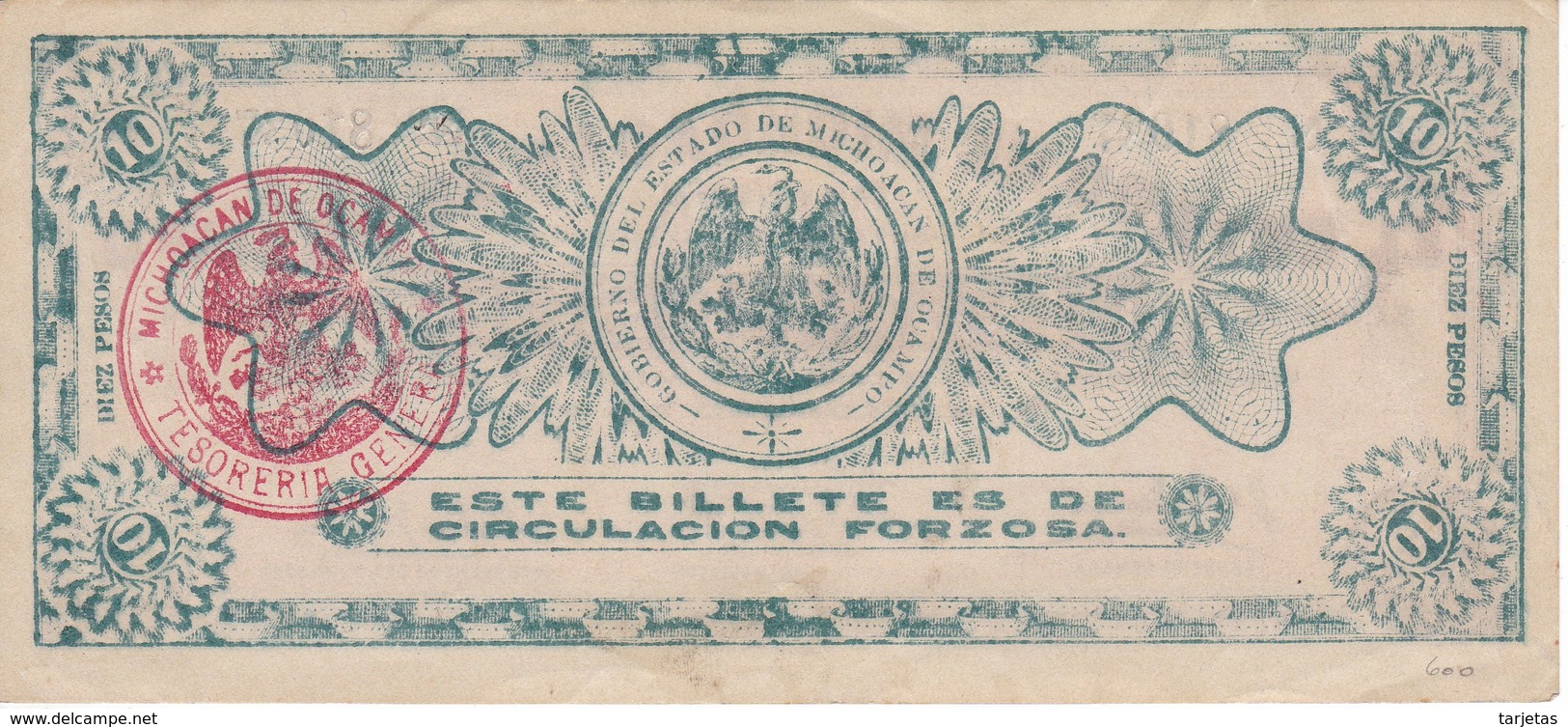 BILLETE DE MEXICO DE 10 PESOS DEL AÑO 1915 ESTADO DE MICHOACAN DE OCAMPO  (BANKNOTE)  RARO - Mexique