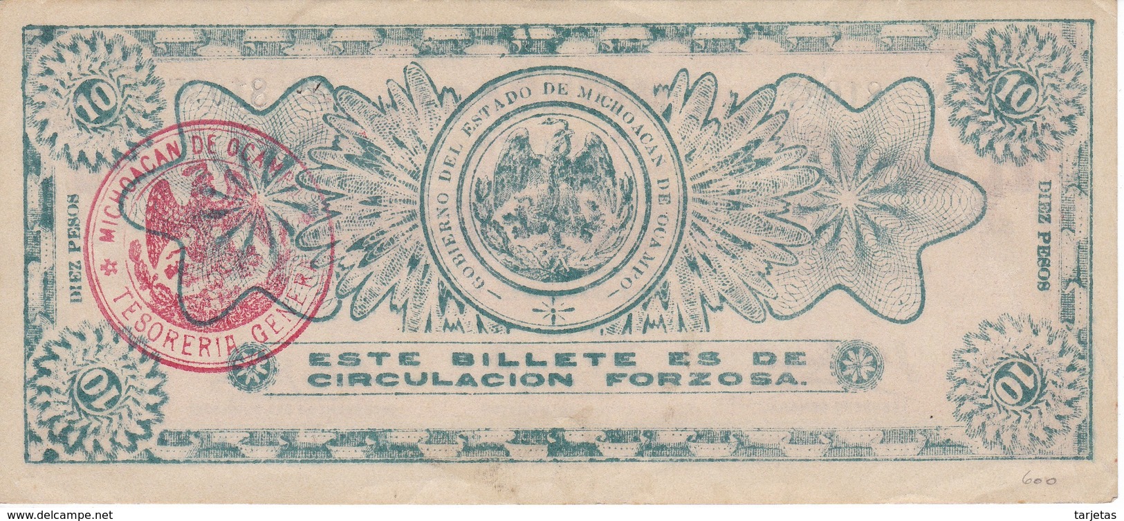 BILLETE DE MEXICO DE 10 PESOS DEL AÑO 1915 ESTADO DE MICHOACAN DE OCAMPO  (BANKNOTE)  RARO - México