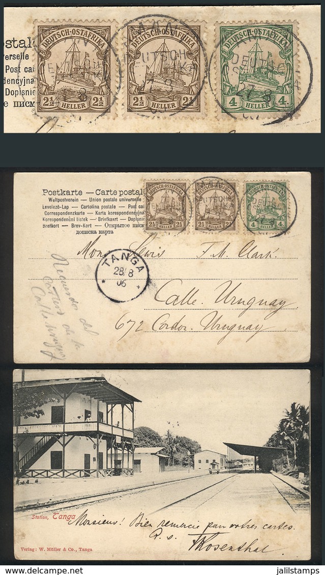 GERMAN EAST AFRICA: Postcard With View Of "Railway Station, Tanga" Franked With 2½h. X2 + 4h. And Sent From AMANI To Mon - Deutsch-Ostafrika