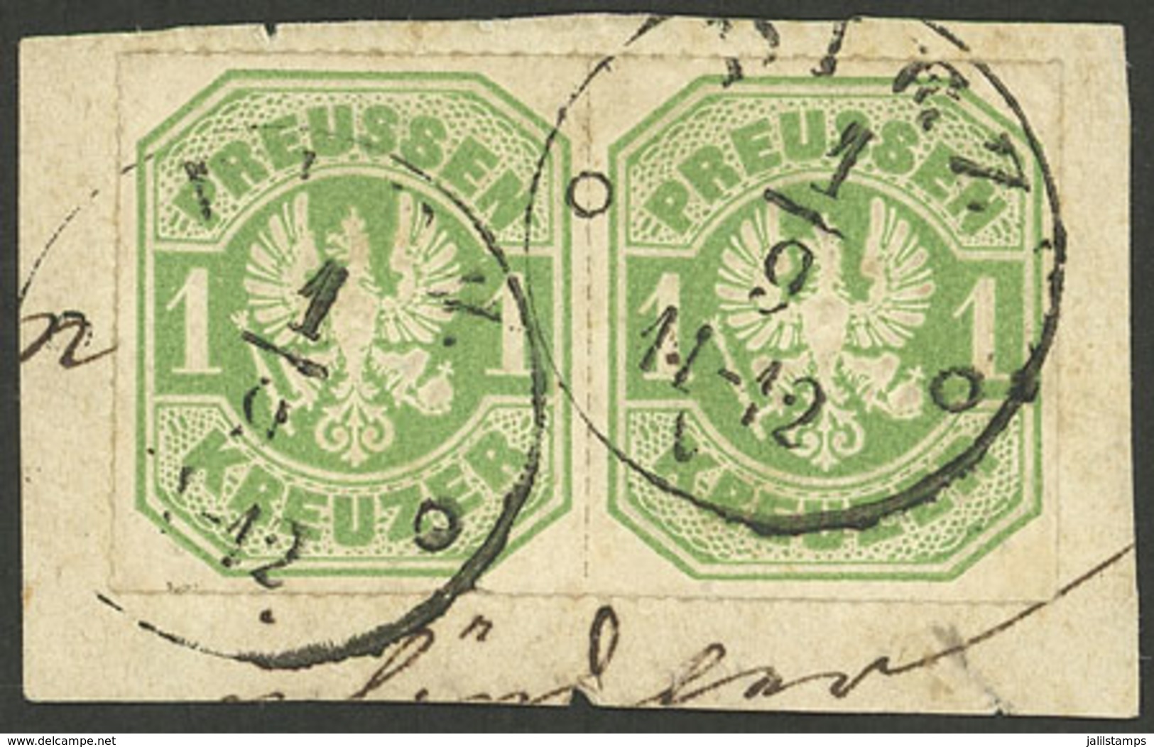 GERMANY: Sc.23, 1867 1k. Green, Used Pair On Fragment, VF Quality! - Other & Unclassified