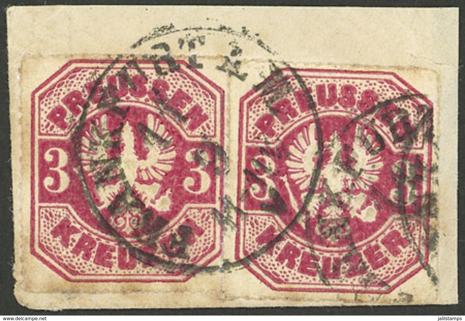 GERMANY: Sc.25, 1867 3k. Rose, 2 Used Stamps On Fragment, VF Quality! - Other & Unclassified