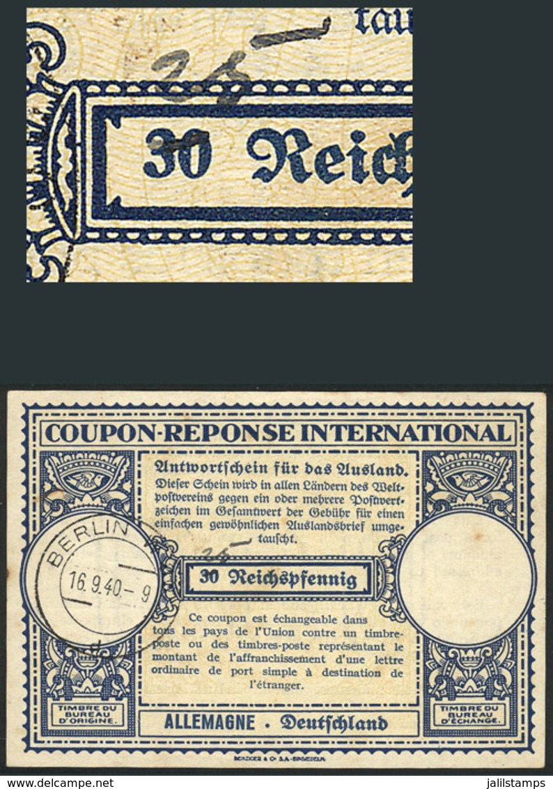 GERMANY: 30Pf. IRC Overprinted By Hand: "25", With Cancel Of Berlin For 19/SE/1940, VF Quality!" - Other & Unclassified