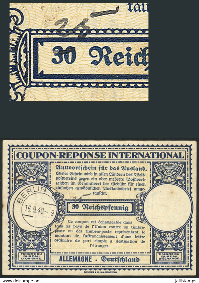 GERMANY: 30Pf. IRC Overprinted By Hand: "25", With Cancel Of Berlin For 19/SE/1940, VF Quality!" - Otros & Sin Clasificación