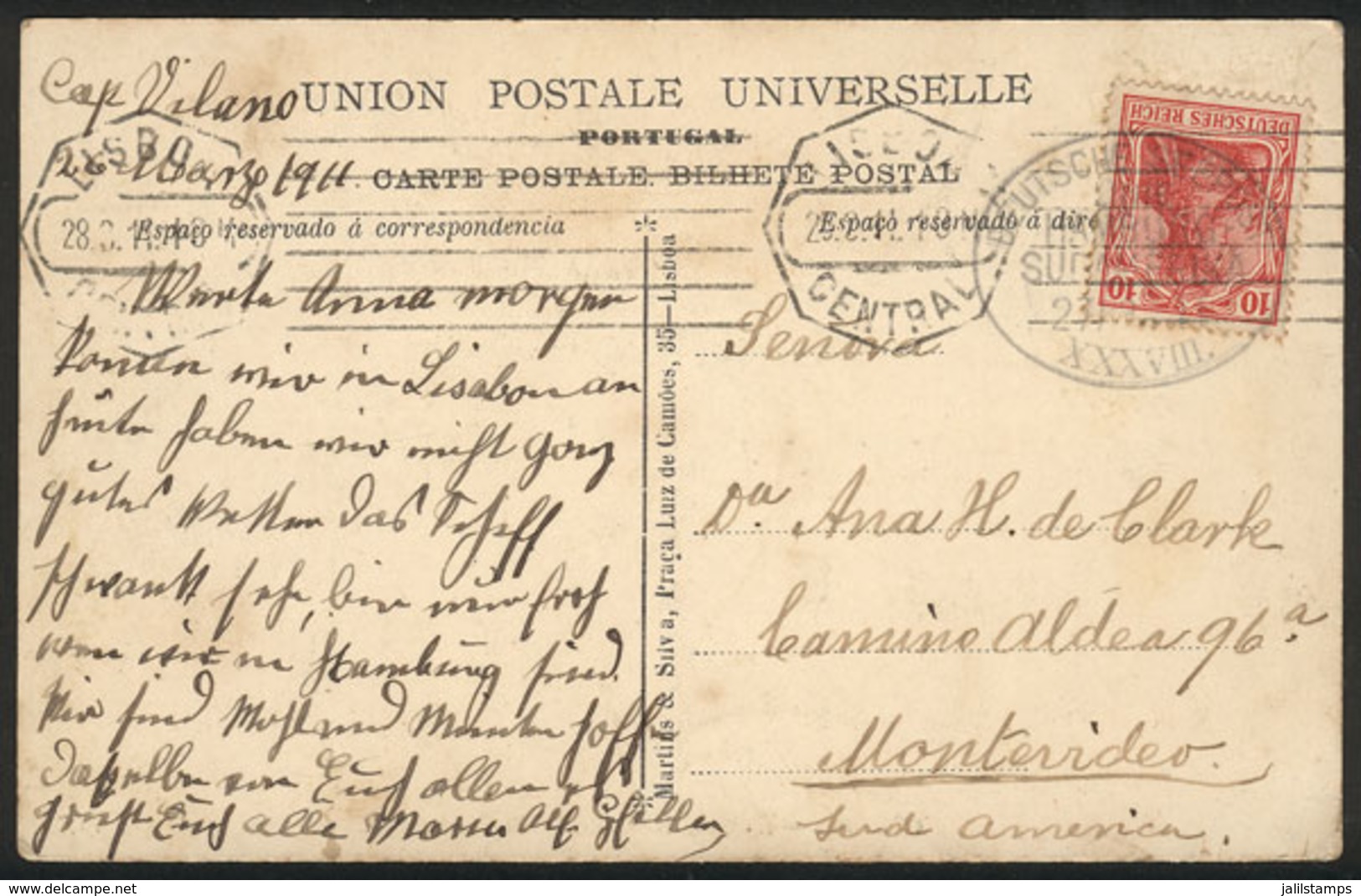 GERMANY: Postcard (Cintra, Portugal) Franked With 10Pg. And Dispatched At Sea From The Ship CAP VILANO To Uruguay On 27/ - Sonstige & Ohne Zuordnung