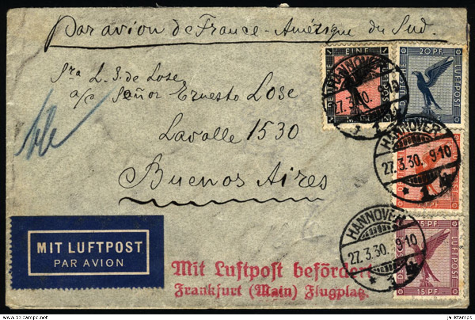 GERMANY: Airmail Cover Sent From Hannover To Argentina On 27/MAR/1930 By Air France, Franked With 1.85Mk., VF Quality! - Autres & Non Classés