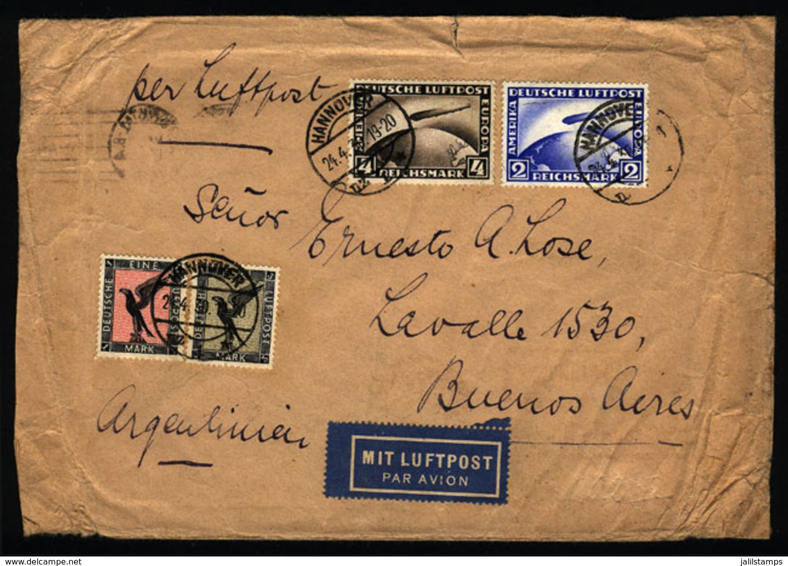 GERMANY: Airmail Cover Sent From Hannover To Argentina On 24/AP/1930 By Air France (transit Backstamps Of Strasbourg And - Otros & Sin Clasificación