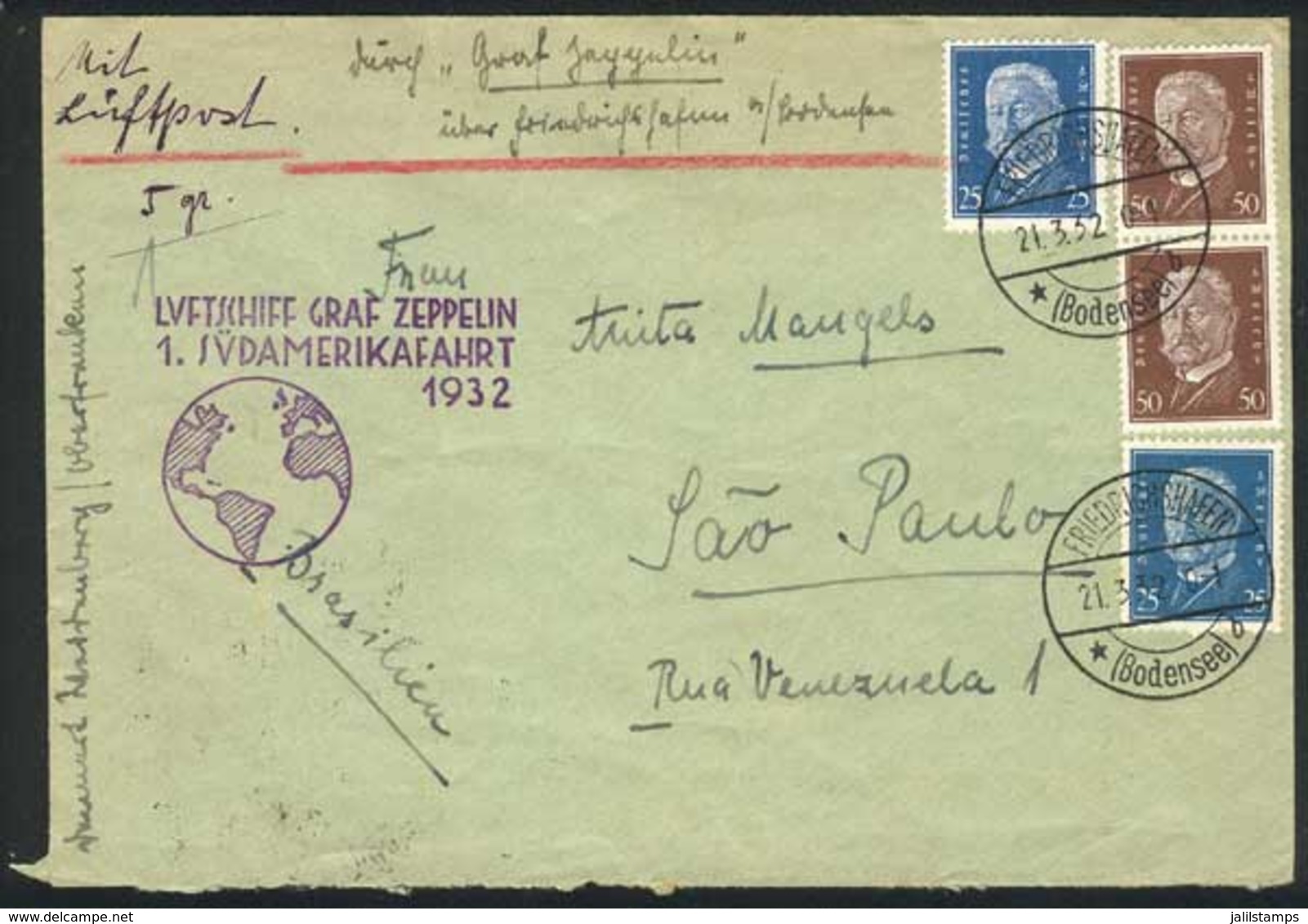 GERMANY: ZEPPELIN Cover Flown To Brazil On 21/MAR/1932, Very Fine Quality! - Autres & Non Classés