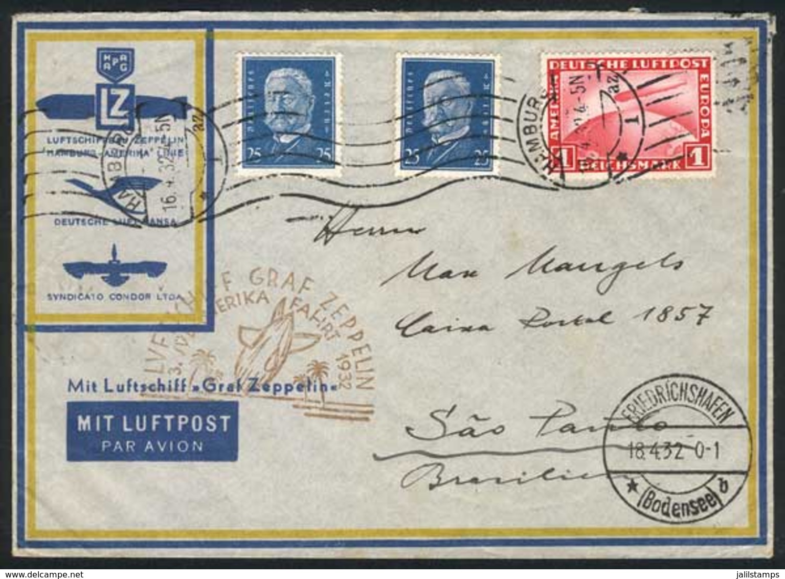 GERMANY: ZEPPELIN Cover Flown To Brazil On 18/AP/1932, Very Fine Quality! - Other & Unclassified