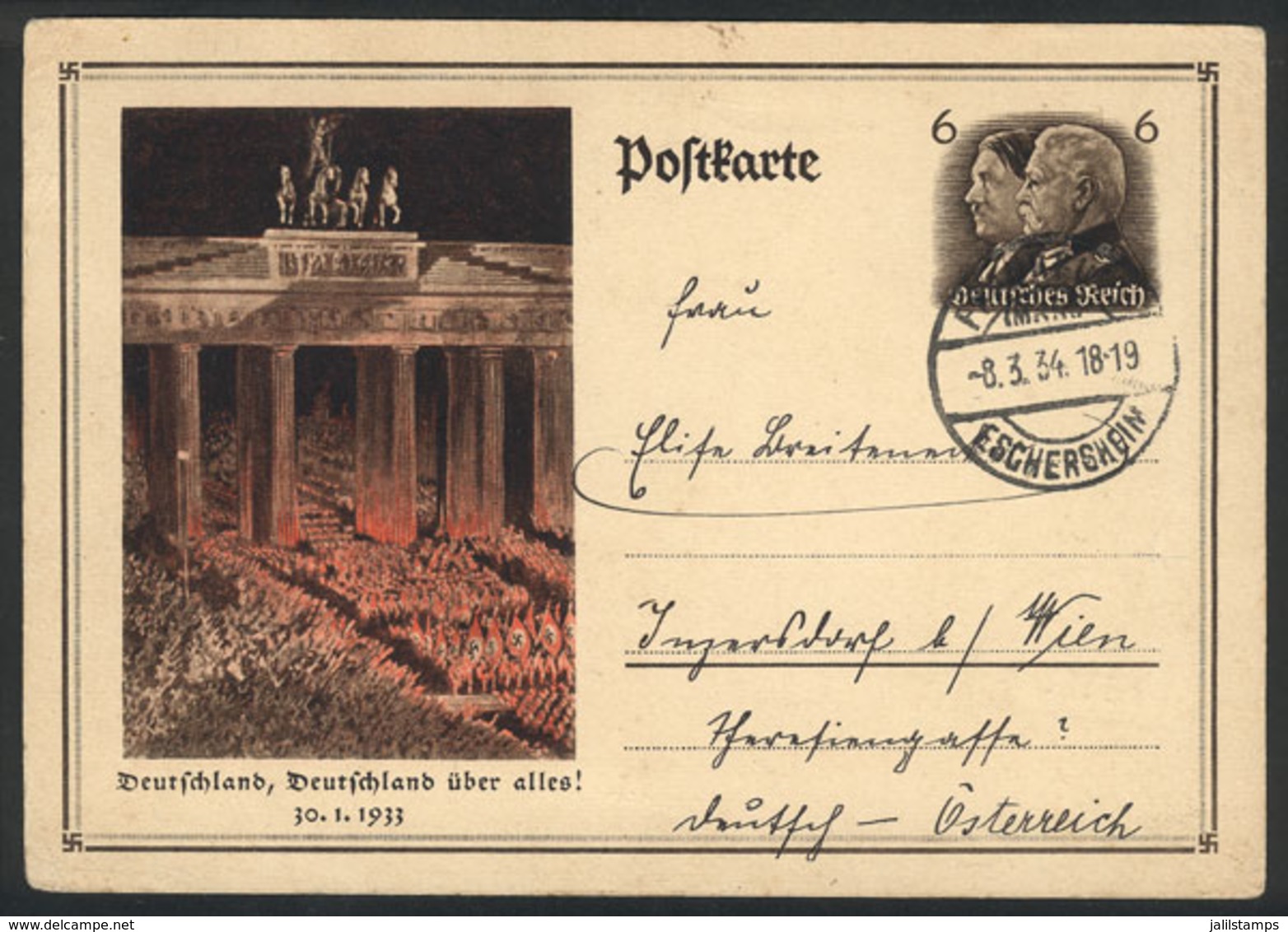 GERMANY: Illustrated Postal Card ("Deutschland über Alles", Crowd With Nazi Flags) Sent From Frankfurt To Austria On 8/M - Other & Unclassified