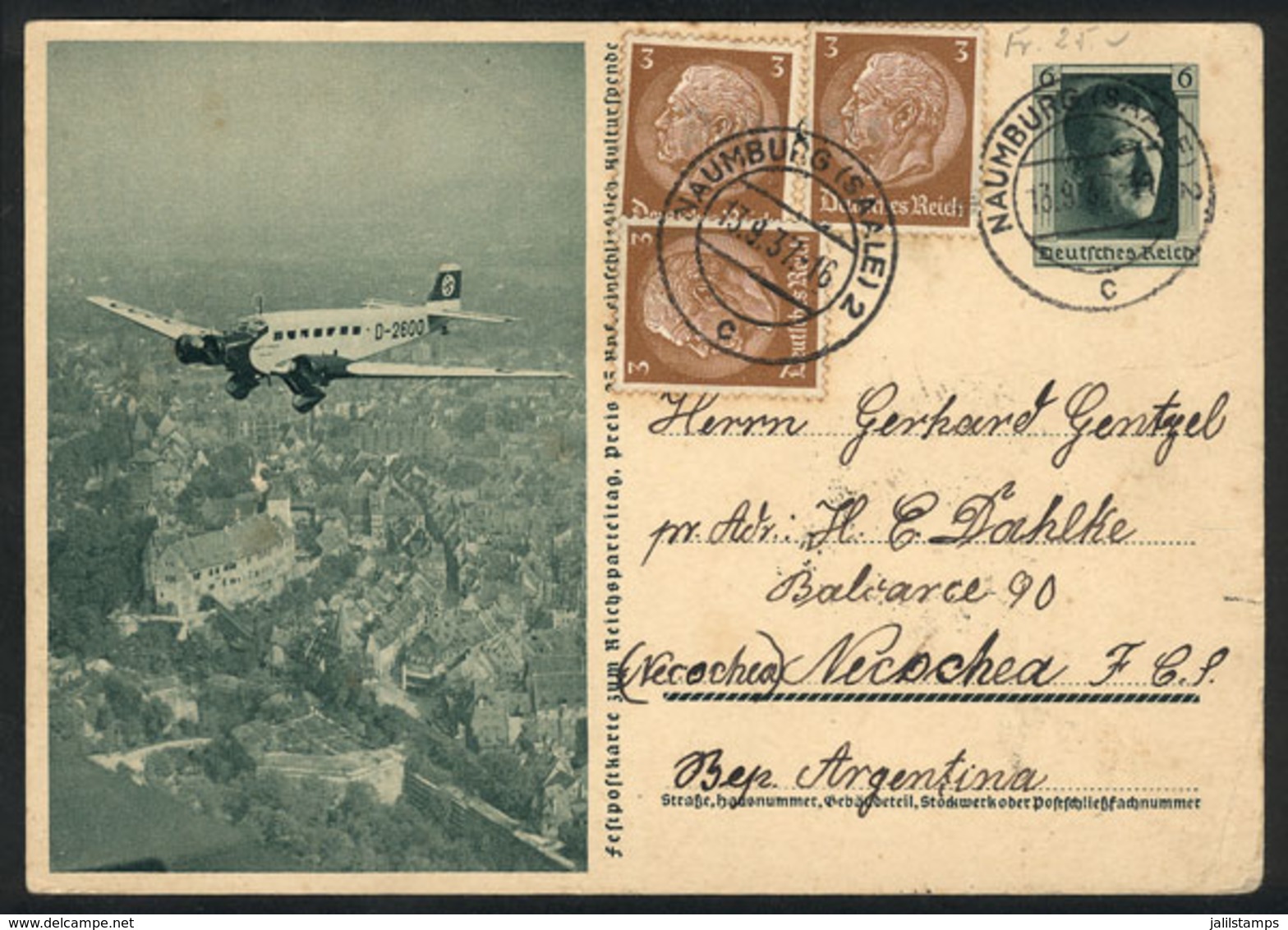 GERMANY: Illustrated Postal Card (Nazi Airplane) With Additional Postage (total 15Pf.), Sent From Hamburg To Argentina O - Andere & Zonder Classificatie