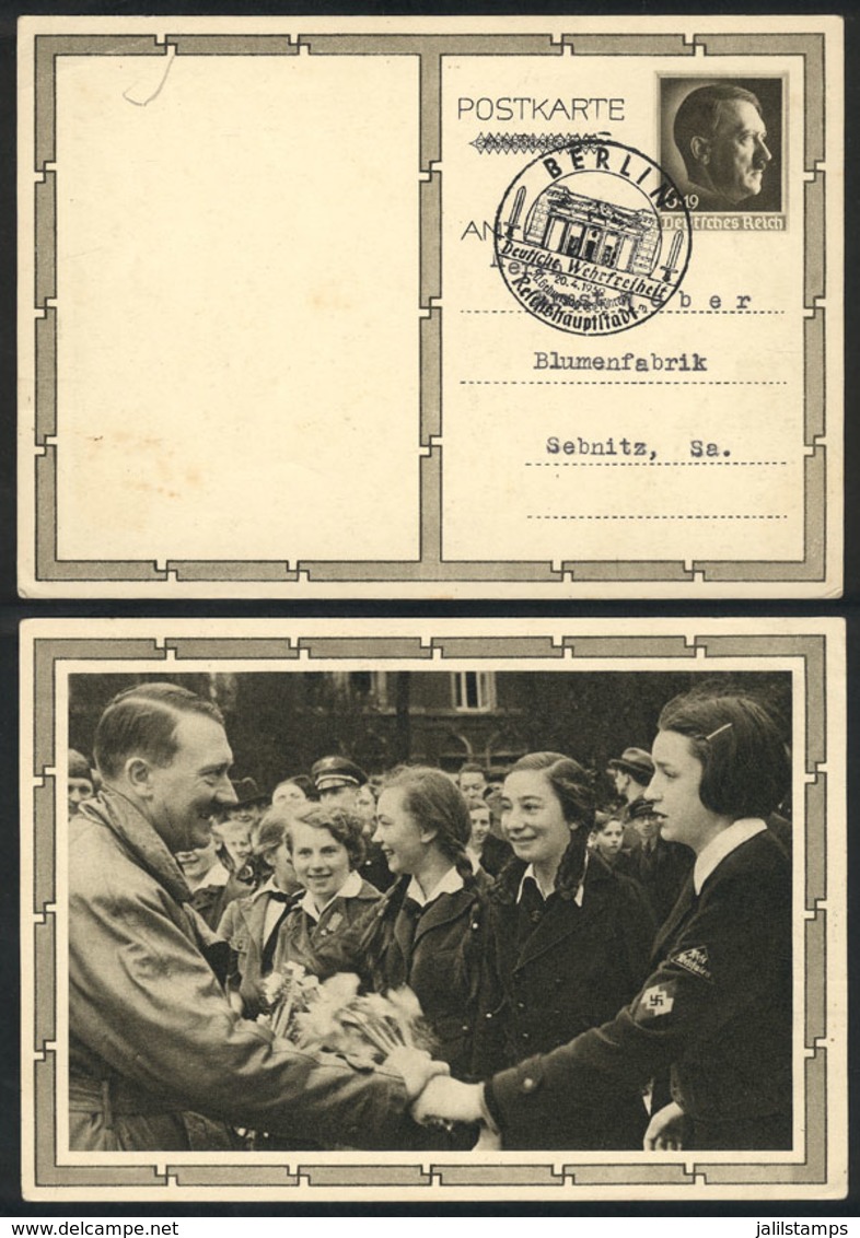 GERMANY: Postal Card Illustrated With View Of Hitler And Nazi Women, Sent From Berlin To Sebnitz On 20/AP/1939, VF Quali - Otros & Sin Clasificación