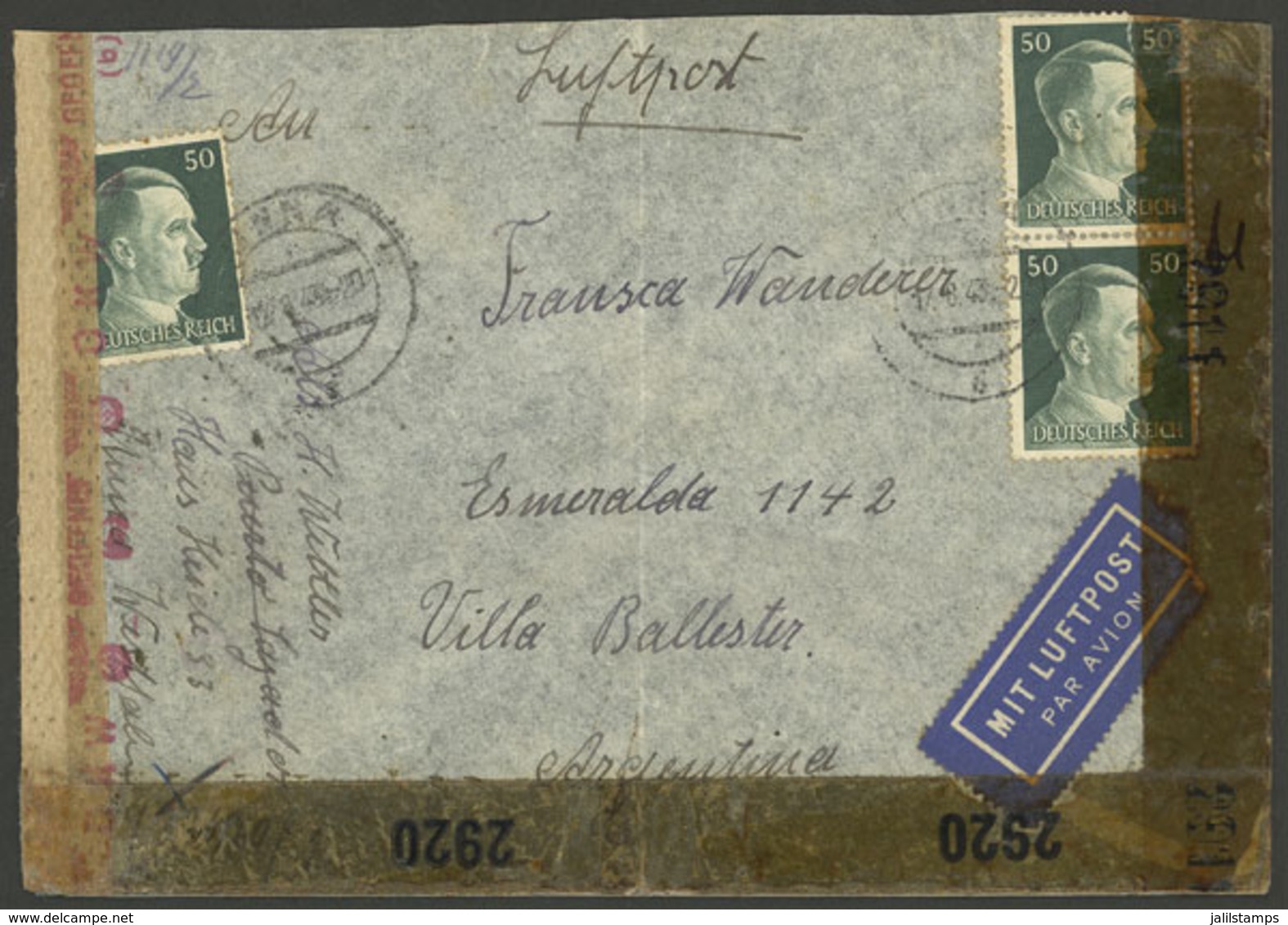 GERMANY: Airmail Cover Sent To Argentina On 17/AU/1943 Franked With 1.50Mk., With Nazi (OKW) + Allied Censor Labels, Ver - Sonstige & Ohne Zuordnung