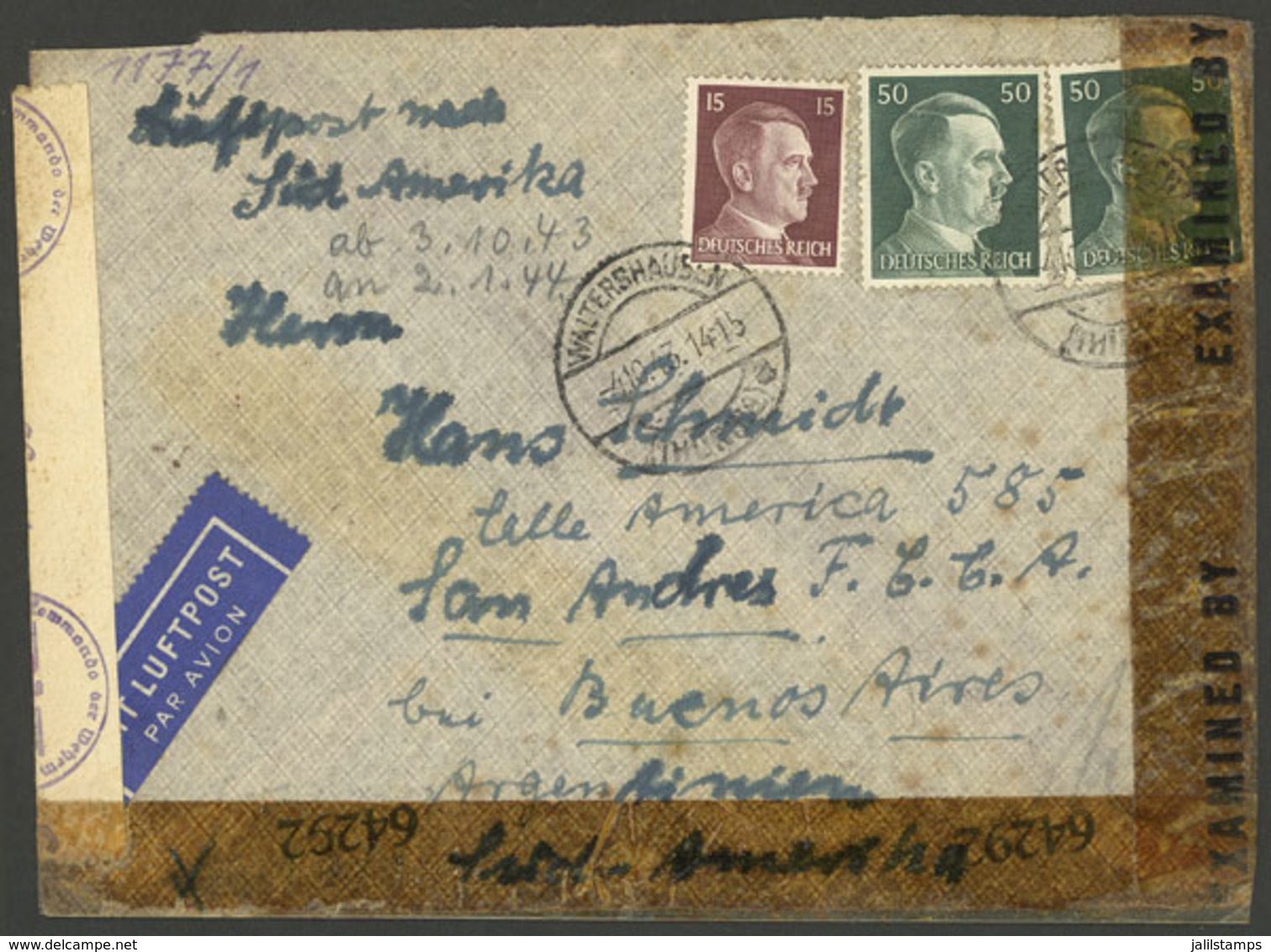 GERMANY: 4/OC/1943 Walterhausen - Argentina, Airmail Cover Franked With 1.15Mk., With Double Nazi + Allied Censor Labels - Autres & Non Classés