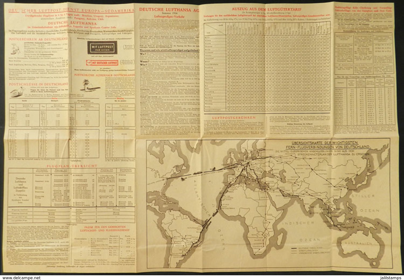 GERMANY: Poster Of Deutsche Lufthansa (circa 1933) With Timetable For Airplanes And Zeppelin Airships, Map With Routes,  - World
