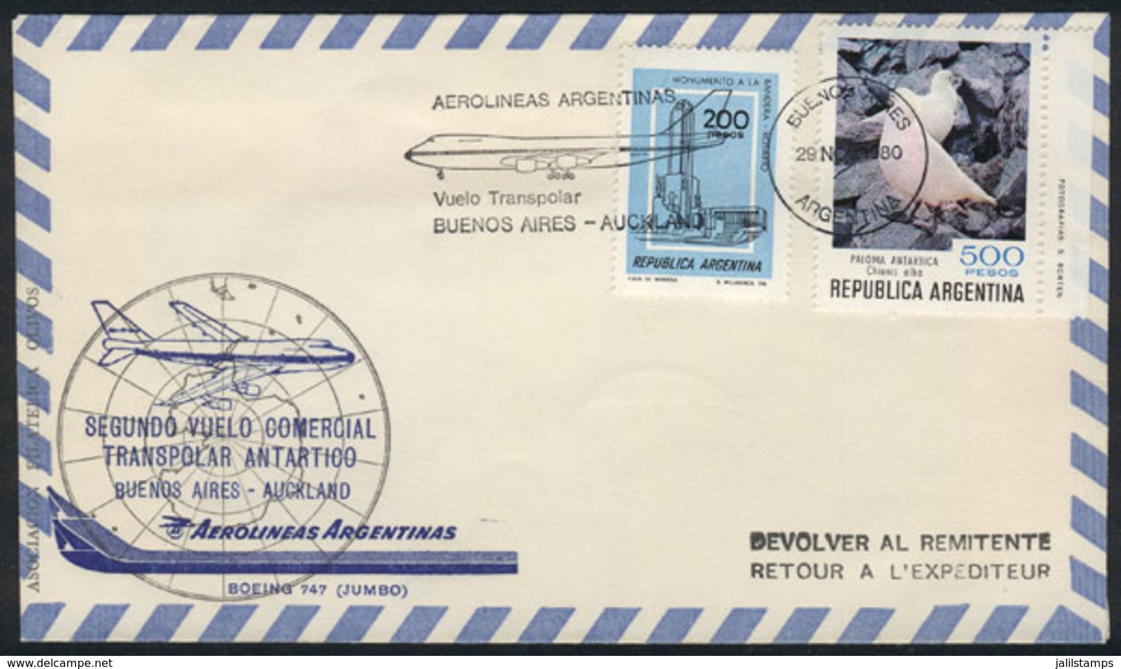 ANTARCTICA: 29/NOV/1980: Second Antarctic Transpolar Flight Buenos Aires-Auckland (New Zealand), Arrival Backstamp, VF Q - Autres & Non Classés