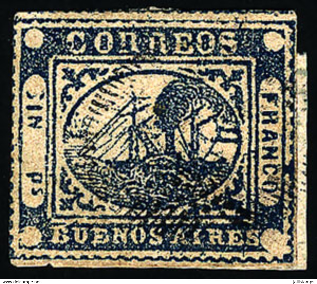 ARGENTINA: GJ.11, IN Ps. Blue, Type 22 On The Reconstruction, Black Ponchito Cancel, Wide Margins, Superb! - Buenos Aires (1858-1864)