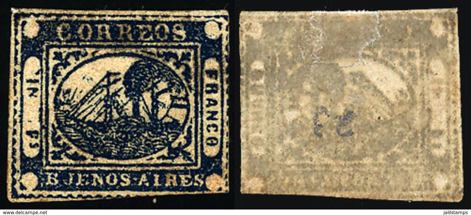 ARGENTINA: GJ.11A, IN Ps. Dark Blue, PARCHMENT-like Paper Variety (rare), Type 23 On The Reconstruction, 3 Margins, Very - Buenos Aires (1858-1864)