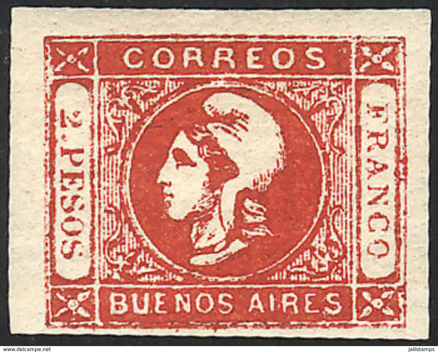 ARGENTINA: GJ.15, Spectacular Example Of 2P. In Bright Red Color (rare), Mint Full Original Gum With Light Hinge Mark (+ - Buenos Aires (1858-1864)