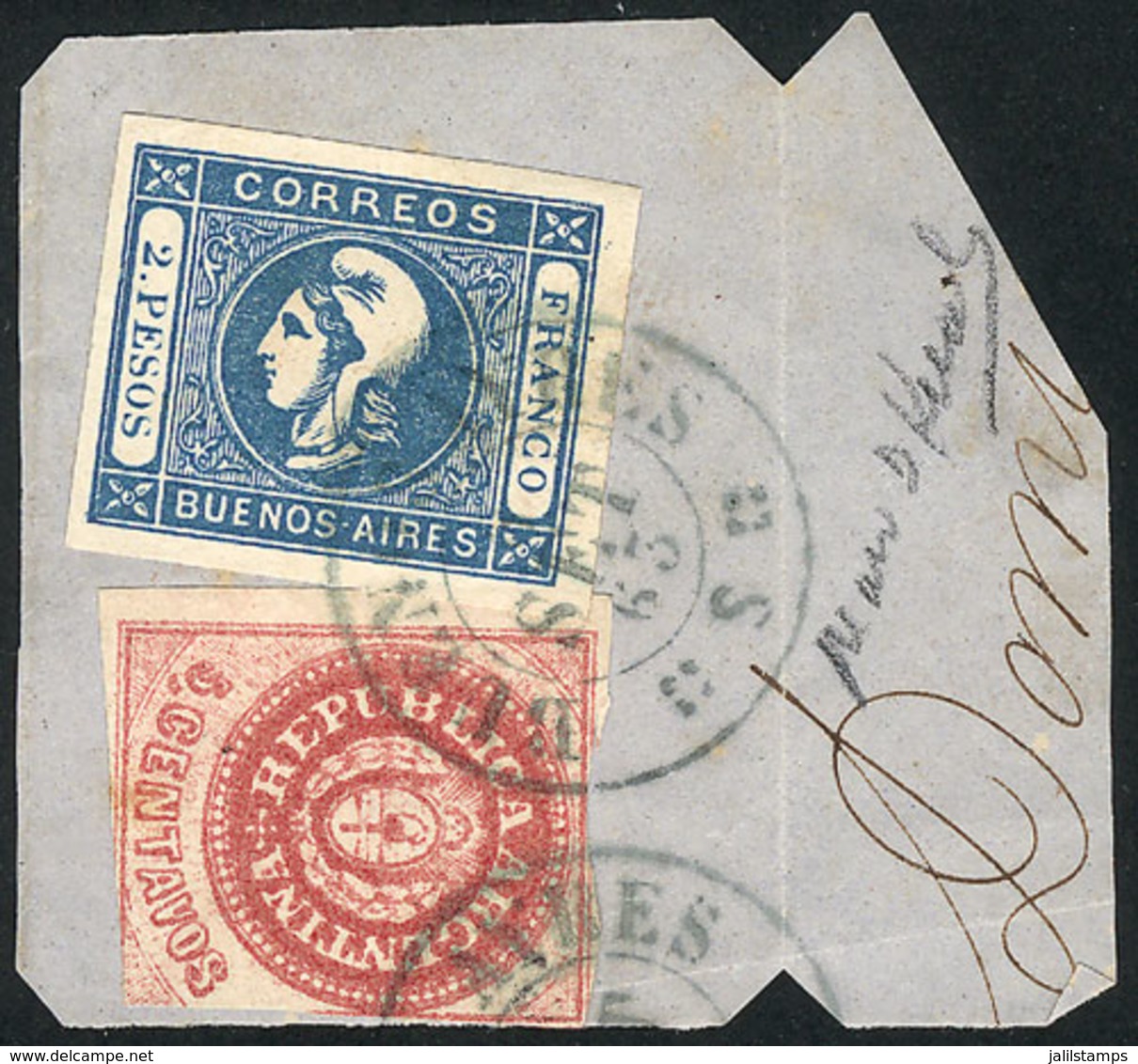 ARGENTINA: Fragment Of Cover With Rare Combination Of Cabecita 2P. Blue Clear Impression (GJ.20) + Escudito 5c. Semi-wor - Buenos Aires (1858-1864)