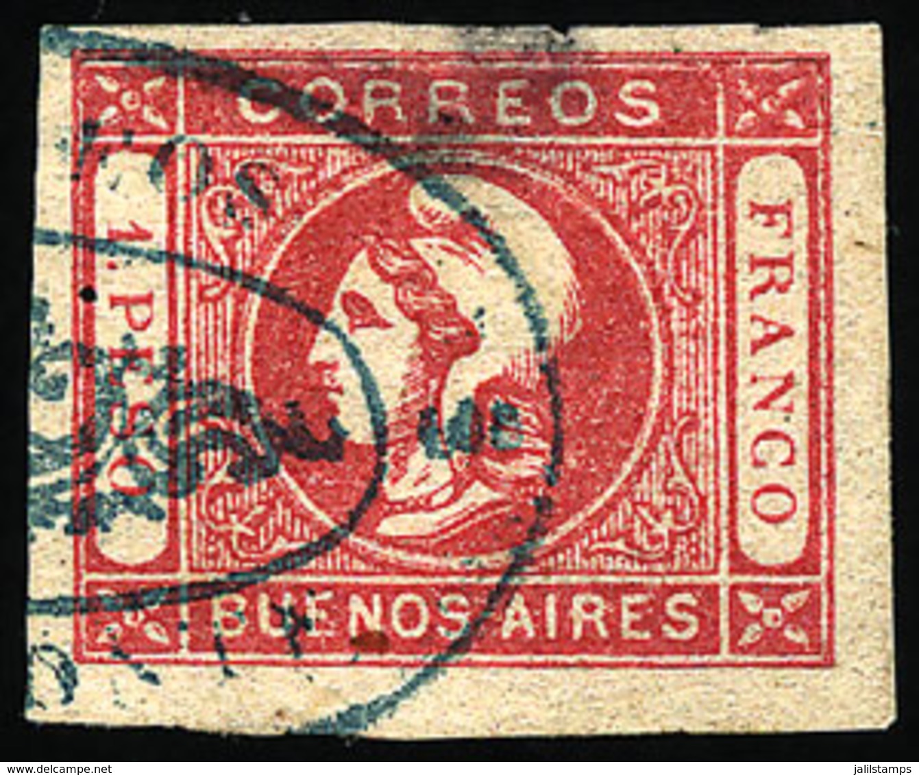 ARGENTINA: GJ.21, 1P. Rose, With The Very Rare Rococo Cancel Of MONTE In Blue, Small Thin On Back In The Hinge Area, Wit - Buenos Aires (1858-1864)