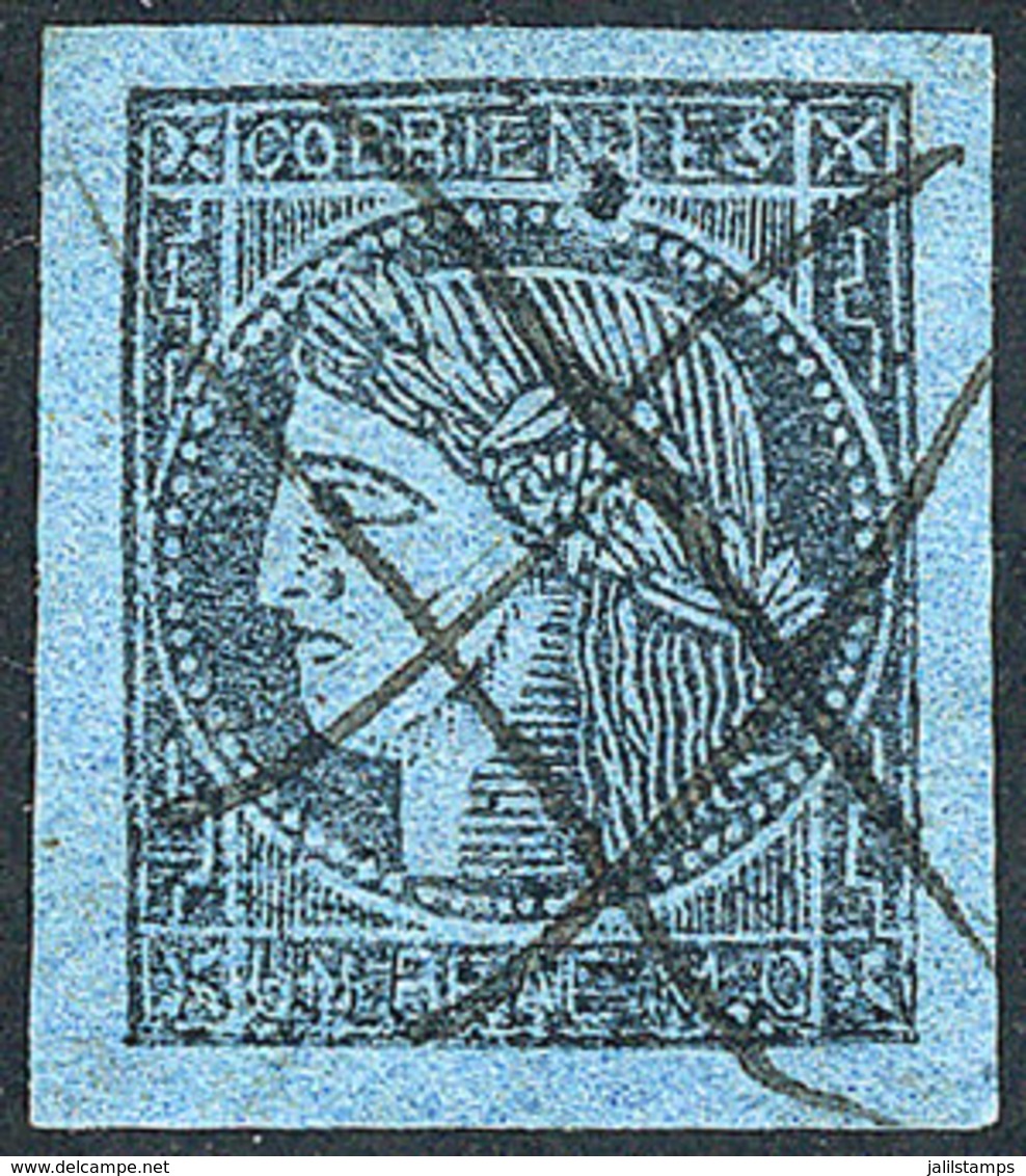 ARGENTINA: GJ.1b, Un Real M.C. Blue, With "transformation Defect Between The Bases Of N And T In Type 7" Variety, Excell - Corrientes (1856-1880)