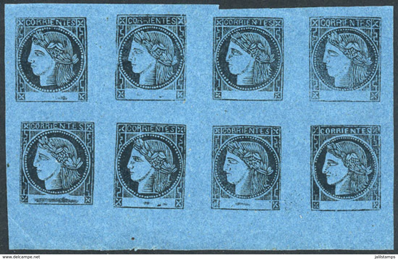ARGENTINA: GJ.3, 3c. Blue, Block With The 8 Types, Composition 1A (with Type 5 Shifted Upwards), Excellent Quality! - Corrientes (1856-1880)