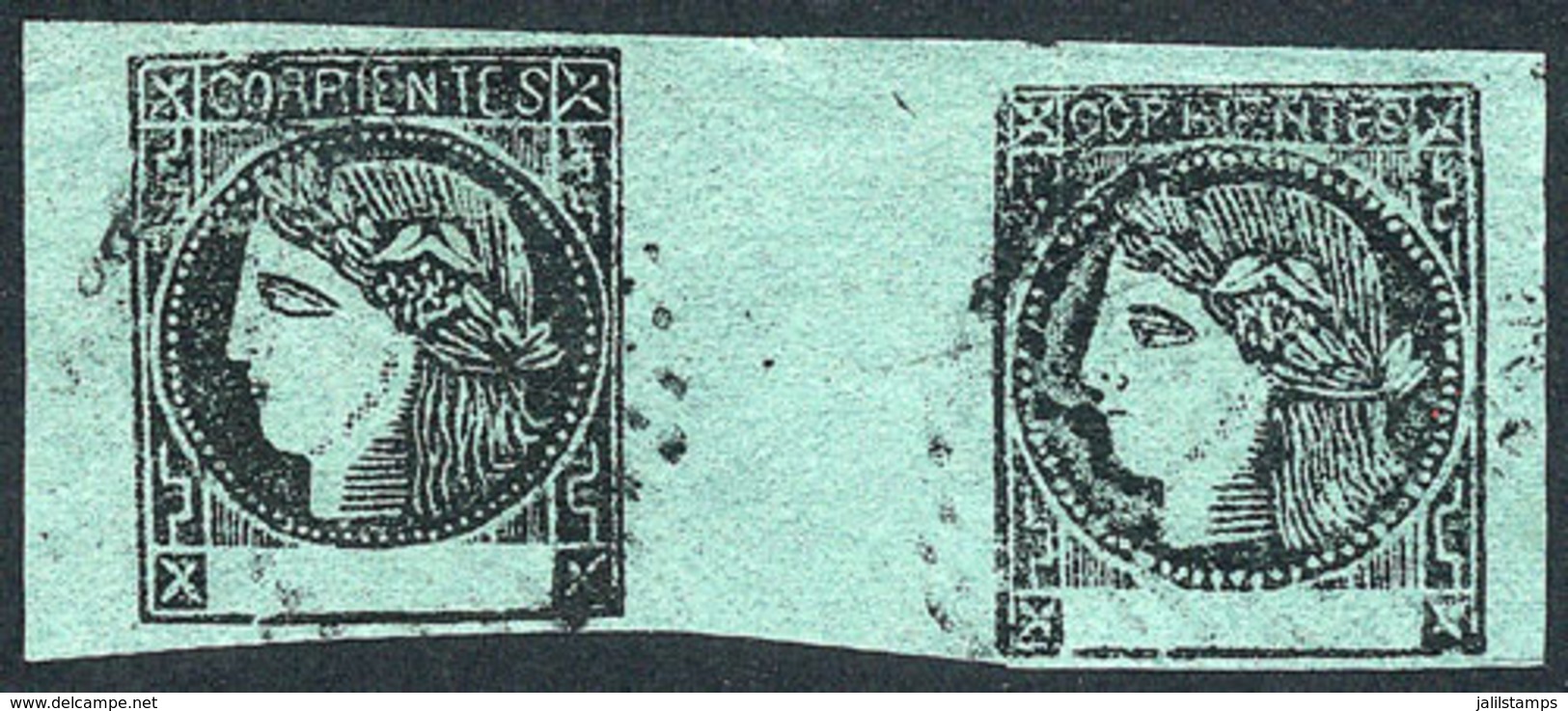 ARGENTINA: GJ.5b, 1865 BLUE-GREEN, Used GUTTER Pair, Extremely Rare. It Consists Of Types 4 And 1, With Dotted Cancel Of - Corrientes (1856-1880)